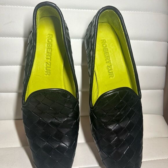 Robert Zur Black Leather Flats with Woven Design - Picture 2 of 10